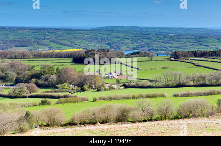 View from Black Down the highest hill in the Mendip Hills Somerset in south-west  England towards Blagdon Lake and Chew Valley Stock Photo