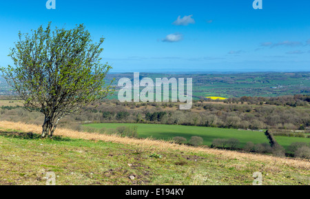 View from Black Down the highest hill in the Mendip Hills Somerset in south-west  England towards Blagdon Lake and Chew Valley Stock Photo