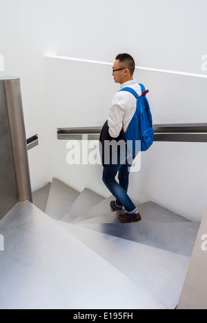 Paris, France, Chinese Tourist, French Modern Art Gallery, in Marais, Galerie Perrotin, Asian Man Walking down staircase inside, people stairs walking Stock Photo