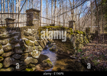 A stone bridge is pictured in the Millionaire's row area of the Great Smoky Mountains National Park in Tennessee Stock Photo