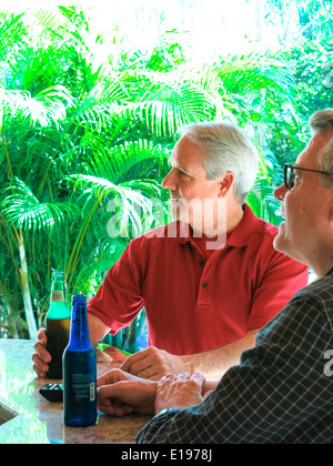 Two Mature Men Watching TV  in an Outdoor Room, Showcase Residential Home, USA Stock Photo