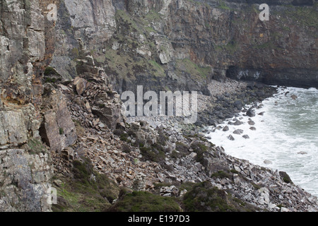 Cliff erosion on coastal path between Broadhaven and Druidston, Pembrokeshire,Wales. Stock Photo