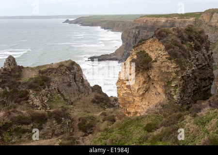 Cliff erosion on coastal path between Broadhaven and Druidston, Pembrokeshire,Wales. Stock Photo