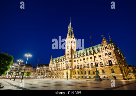 Ultra wide angle view of the famous town hall in Hamburg, Germany at night Stock Photo