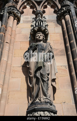 Cathedral sculpture of Saint Stephen on the West front, Lichfield, Staffordshire, England, United Kingdom, Western Europe. Stock Photo