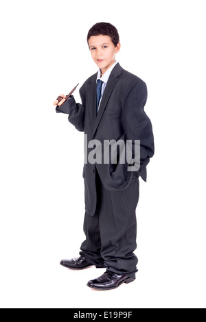 Young boy dressed with a big man's suit and pipe Stock Photo