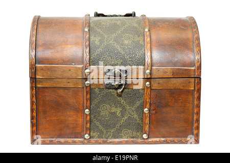 old closed treasure wooden box isolated over white background Stock Photo