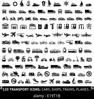 120 Transport icons: Cars, Ships, Trains, Planes..., vector illustrations, set silhouettes isolated on white background. Stock Vector