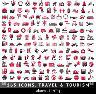 165 two-color icons. Vacation, Recreation & Travel, Tourism and Sport. Vector illustrations, set silhouettes. Stock Vector