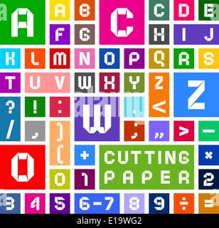 Roman alphabet and Arabic numerals of paper, cut out, white on multicolor background, vector illustration Stock Vector