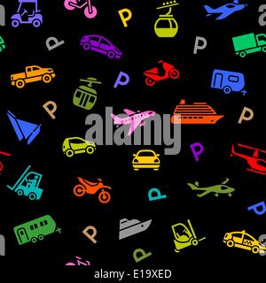 Seamless backdrop, transport colorful icons on a black background, wrapping paper. Vector illustration Stock Vector