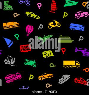 Seamless background, transport colorful icons on a black backdrop. Vector illustration Stock Vector