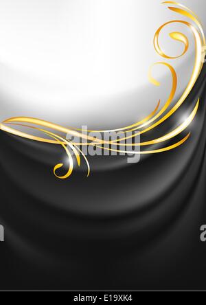 Dark gray fabric curtain, gold vignette, vector Stock Vector