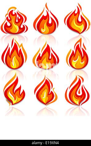 Fire flames new set, with reflection, vector illustration 10eps Stock Vector