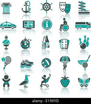 Set icons. Vacation, Tourism & Recreation. Travel, Sports. With reflection Stock Vector