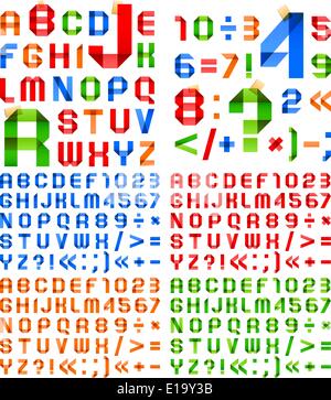 Font folded from colored paper - Arabic numerals and Roman alphabet Stock Vector
