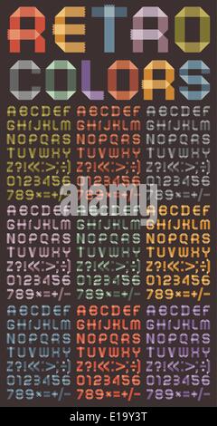 Font from colored scotch tape - Arabic numerals and Roman alphabet. Set from nine different retro colors. Stock Vector