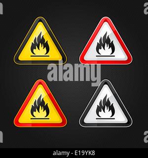 Hazard warning triangle highly flammable warning set sign on a metal surface Stock Vector