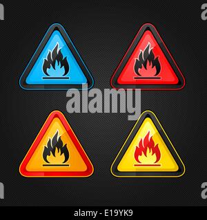 Hazard warning triangle highly flammable warning set symbols on a metal surface Stock Vector