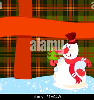 Snowman with Christmas tree near a big present. Stock Vector