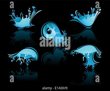 Splashing Waves and Water with reflection on black background Stock Vector