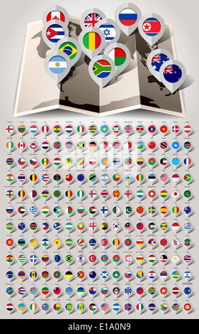 Map world 192 markers with flags. Vector illustration Stock Vector