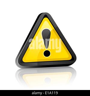 three-dimensional Hazard warning attention sign with exclamation mark on white background with reflection. Stock Vector