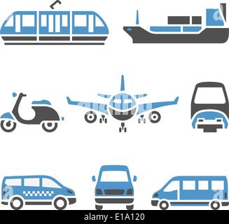 Transport Icons - A set of ninth. Vector illustrations, set silhouettes isolated on white background. Bicolor (blue and gray col Stock Vector
