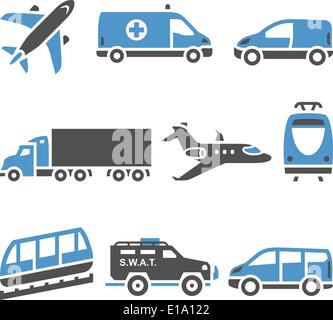 Transport Icons - A set of seventh. Vector illustrations, set silhouettes isolated on white background. Bicolor (blue and gray c Stock Vector