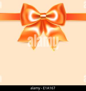 Orange bow of silk ribbon, isolated on peach background. Vector illustration eps10. Perfect as invitation or congratulation. Stock Vector