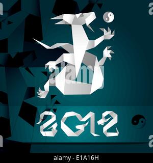Origami Dragon, 2012 Year, dark emerald background, vector Stock Vector