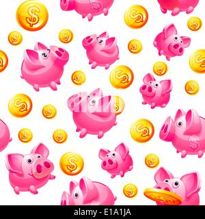 Piggy Bank and coins in white Seamless background, vector Stock Vector