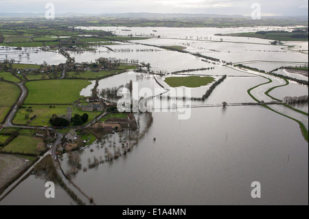 Aerial picture of the village of Muchelney, Somerset, surrounded by flood water Stock Photo