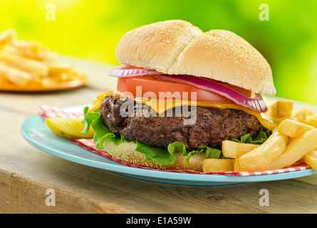 A delicious grilled cheeseburger and fries in an outdoor picnic barbecue setting. Stock Photo