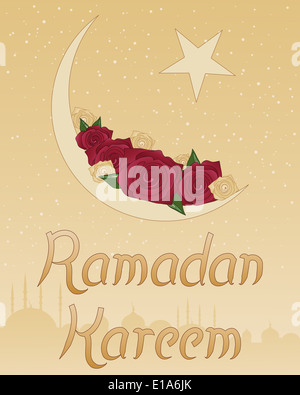 an illustration of a Ramadan greeting card with red and gold roses in a crescent moon with stars and Islamic architecture Stock Photo