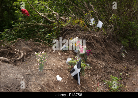 Floral Tributes left by family and friends beside the road after a Coach Crash in which 2 OAP,s deid in Cornwall (May 2014) Stock Photo