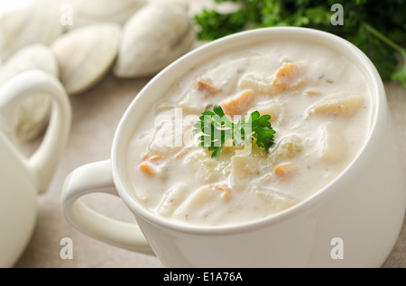 A bowl of creamy New England clam chowder with whole clams and parsley. Stock Photo