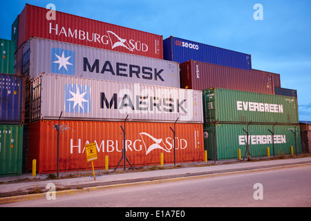 shipping containers piled up at Ushuaia docks Argentina Stock Photo