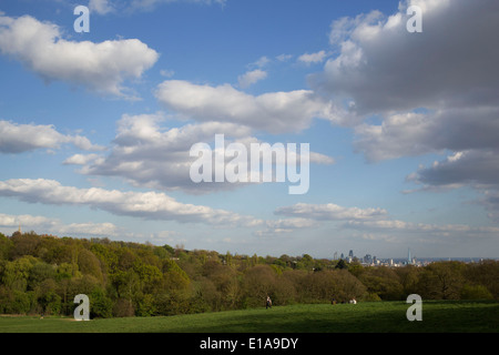 View from high across Hampstead Heath towards the City of London, UK. Stock Photo