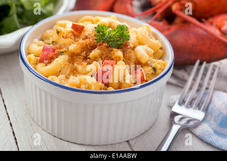 A creamy cheesy delicious lobster macaroni and cheese. Stock Photo