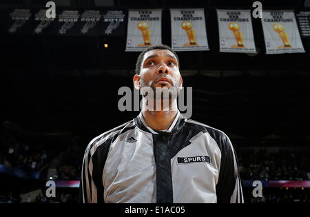 May 19, 2014 - San Antonio, TEXAS, USA - San Antonio Spurs' Tim Duncan stands during the national anthem before Game 1 in the Western Conference Finals against the Oklahoma City Thunder Monday May 19, 2014 at the AT&T Center. (Credit Image: © San Antonio Express-News/ZUMAPRESS.com) Stock Photo