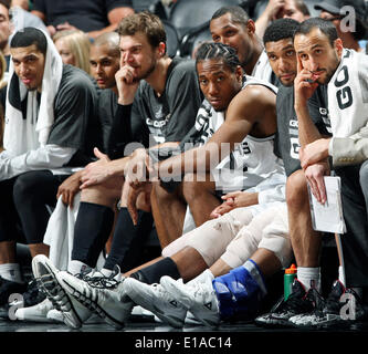 May 21, 2014 - San Antonio, TEXAS, USA - Members of the San Antonio Spurs watch second half action of Game 2 in the Western Conference Finals against the Oklahoma City Thunder from the bench Wednesday May 21, 2014 at the AT&T Center. The Spurs won 112-77. (Credit Image: © San Antonio Express-News/ZUMAPRESS.com) Stock Photo