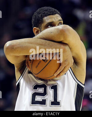 May 21, 2014 - San Antonio, TEXAS, USA - San Antonio Spurs' Tim Duncan hugs the ball before Game 2 in the Western Conference Finals against the Oklahoma City Thunder Wednesday May 21, 2014 at the AT&T Center. (Credit Image: © San Antonio Express-News/ZUMAPRESS.com) Stock Photo