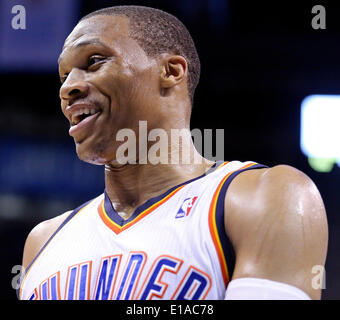 May 27, 2014 - Oklahoma City, OKLAHOMA, USA - Oklahoma City Thunder's Russell Westbrook is all smiles after a play during second half action in Game 4 of the Western Conference Finals against the San Antonio Spurs Tuesday May 27, 2014 at Chesapeake Energy Arena in Oklahoma City, OK. (Credit Image: © San Antonio Express-News/ZUMAPRESS.com) Stock Photo
