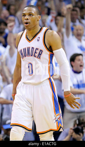 May 27, 2014 - Oklahoma City, OKLAHOMA, USA - Oklahoma City Thunder's Russell Westbrook reacts after a play during second half action in Game 4 of the Western Conference Finals against the San Antonio Spurs Tuesday May 27, 2014 at Chesapeake Energy Arena in Oklahoma City, OK. (Credit Image: © San Antonio Express-News/ZUMAPRESS.com) Stock Photo
