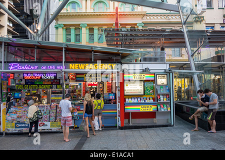 Brisbane Australia,Queen Street mall,promenade,man men male,woman female women,Rankins News Agency,newsstand,neon sign,AU140312103 Stock Photo