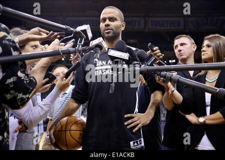 May 25, 2014 - Oklahoma City, OKLAHOMA, USA - San Antonio Spurs' Tony Parker answers questions from the media during practice Monday May 26, 2014 at Chesapeake Energy Arena in Oklahoma City, OK. (Credit Image: © San Antonio Express-News/ZUMAPRESS.com) Stock Photo