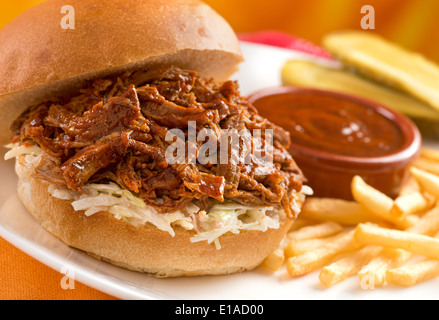 A delicious pulled pork sandwich with barbecued pork shoulder, coleslaw, french fries, dipping sauce, and pickles. Stock Photo