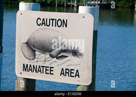 Manatee Area caution signs are located in Florida's boating waterways where the mammals reside. Stock Photo