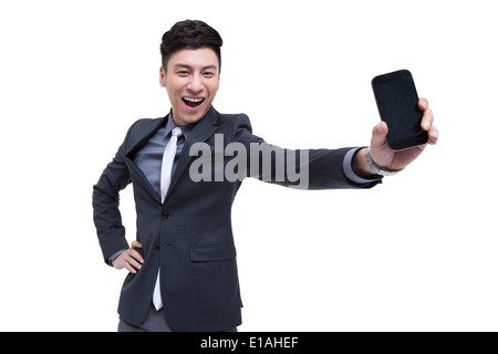 Cheerful businessman being proud of his smart phone Stock Photo